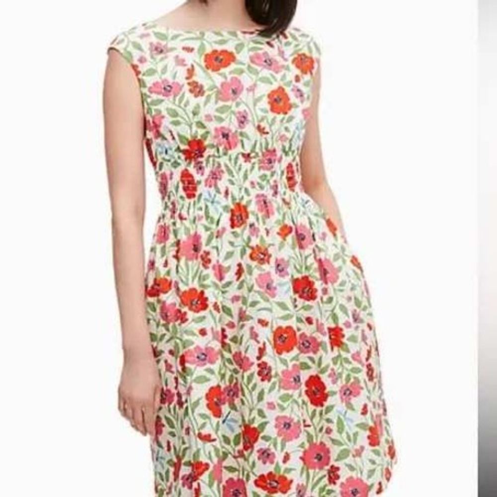 Kate Spade Women Dress 6 White Pink Red Floral Smocked Waist Fit Flare Pockets